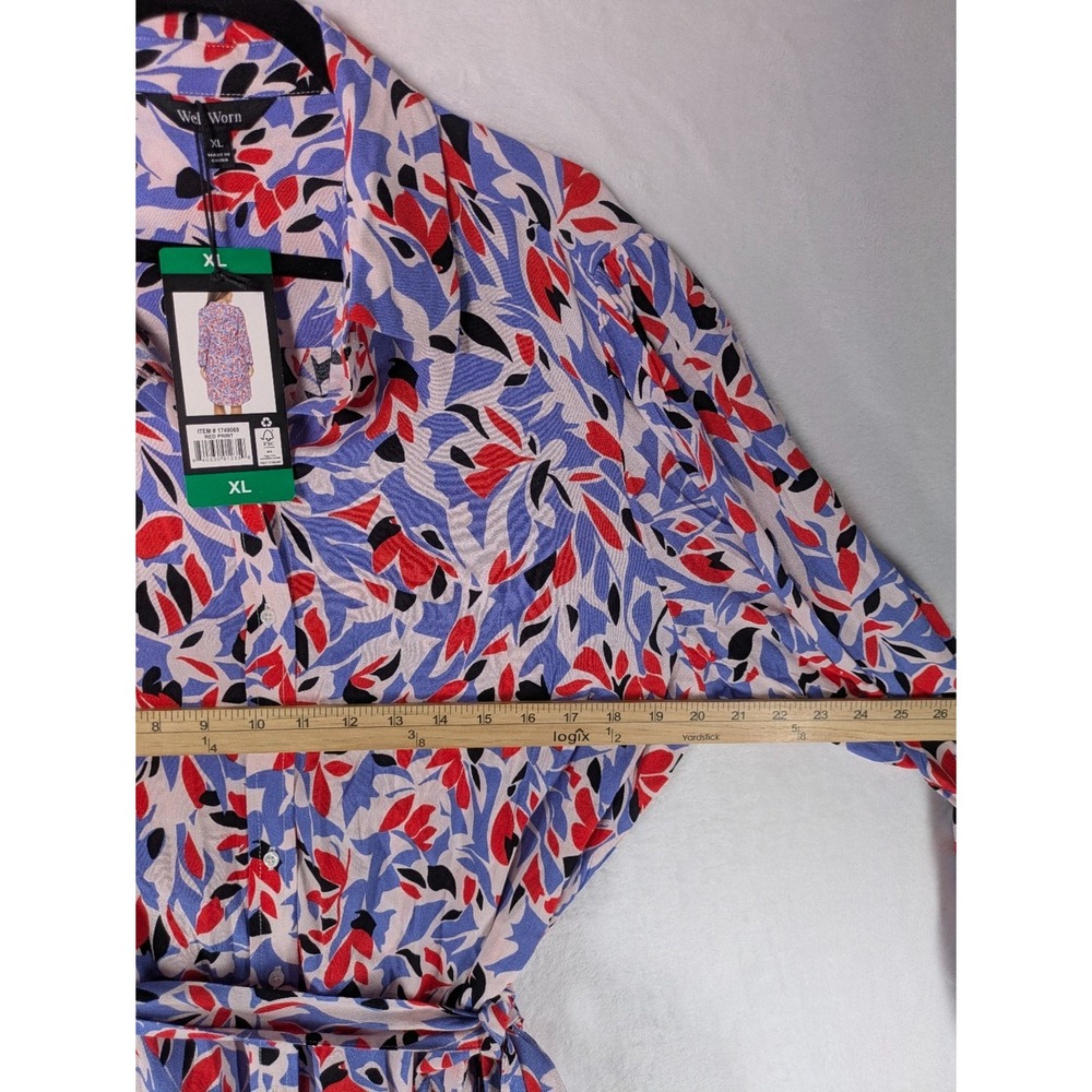 Well Worn Shirt Dress XL Blue Red Abstract Leaf Print Tie Waist Office Bohemian - Picture 6 of 10